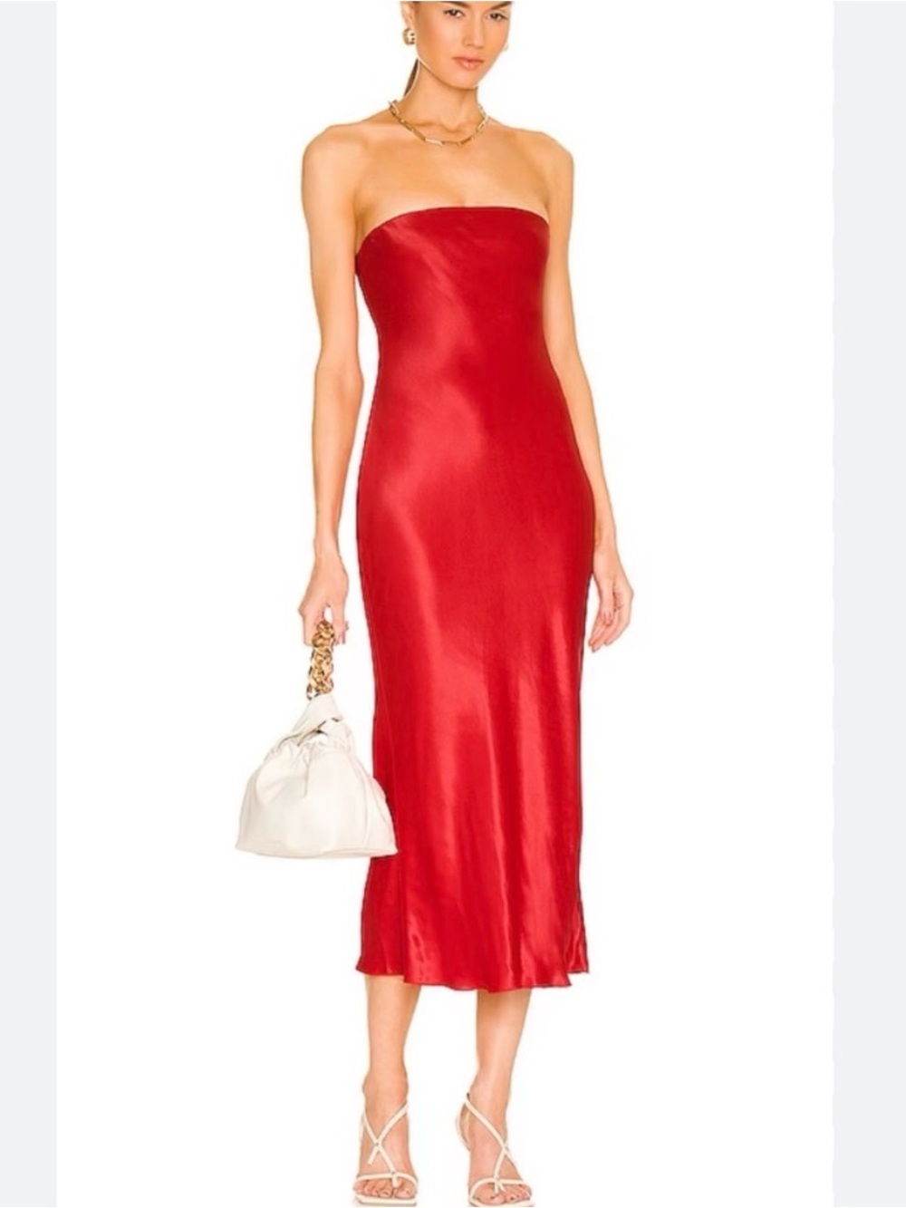 L'Academie Strapless Satin Midi Dress in Red